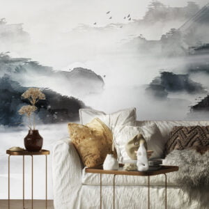 Chinese Painting Ink Painting With Mist Surrounding Landscape And Thin Boat (6)