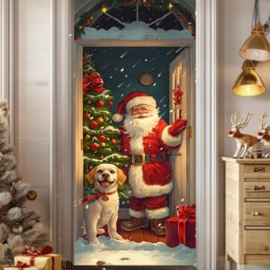 Christmas Santa Claus Pushes Door Open with Puppy to Deliver Gifts (4)